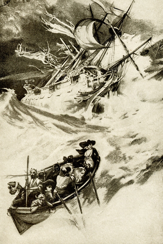 The 1917 caption reads: “Escape from the shipwreck – Robinson Crusoe.” Robinson Crusoe is a novel written by the English novelist Daniel Defoe and published in 1719. A fictional autobiography,  it tells the tale of an English castaway named  Robinson Crusoe (seen here escaping from the shipwreck) who spent 28 years on a remote tropical island near Venezuela before he was rescued.