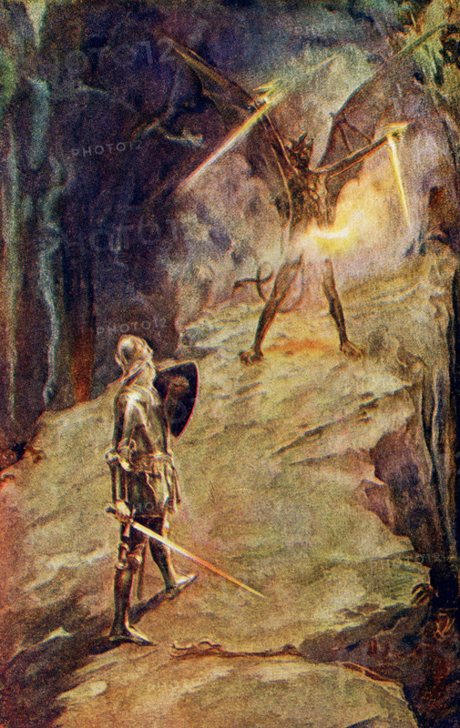 The 1917 caption reads: “Then did Christian draw his sword Pilgrim's Progress.” The Pilgrim’s Progress, is a religious allegory by the English writer John Bunyan, published in two parts in 1678 and 1684. The work is a symbolic vision of the good man’s pilgrimage through life. Christian is the central character of the book and the hero of the pilgrimage. Because Bunyan wrote The Pilgrim's Progress as an allegory rather than a novel, Christian is not represented as particularly complicated or conflicted and has a simple personality.