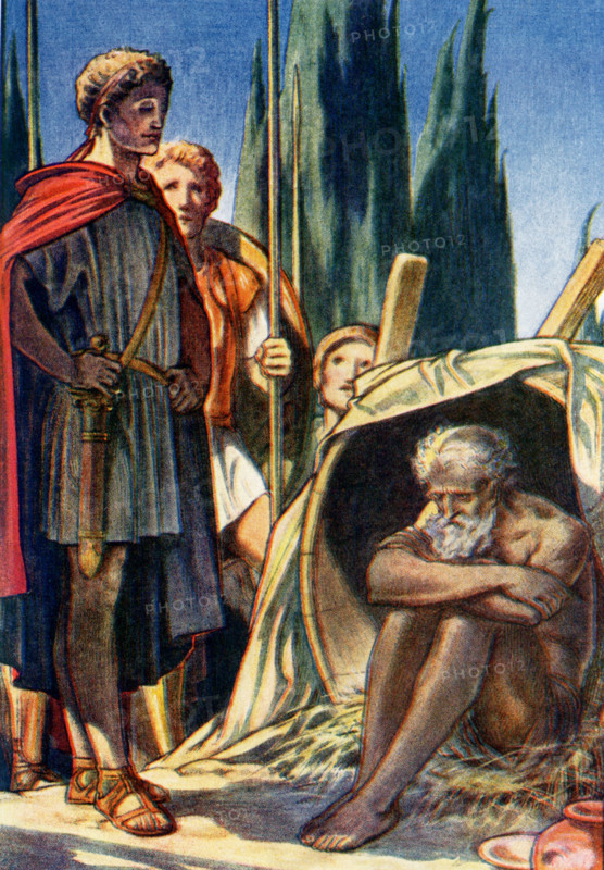 Diogenes, c. 412-323 B.C., was a Greek cynic philosopher who lived in Athens. He stressed the belief in the simple life by living in a tub. He is said to have gone about in daylight carrying a lantern, looking for someone showing proper human virtue. According to Plutarch, Alexander the Great met Diogenes in Corinth (see here in this early 1900s illustration)  and when he asked the cynic what he might do for him, Diogenes is said to have replied, 'Move out of my sunlight.'.