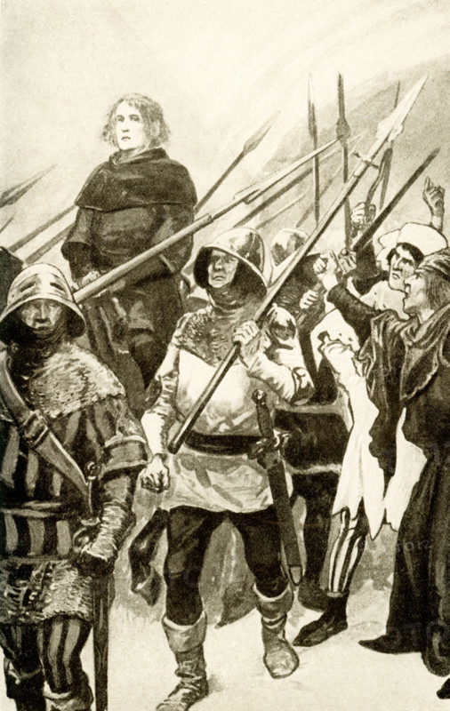 This 1917 illustration shows Wallace taken to London in Chains. Sir William Wallace promoted active resistance to the rule of King Edward I in Scotland after Edward forced the abdication and usurpation of the crown of John Balliol. Following defeat at the Battle of Falkirk on July 22, 1298, Wallace went to France where he attempted to gain French support for rebellion in Scotland but the effort proved ultimately futile and Wallace, back in Britain but refusing to submit to English rule, remained on the run. He was captured on August 5, 1305, by Sir John Monteith near Glasgow. Taken to Carlisle, he was bound hand and foot before being taken south to London in chains. Condemned as guilty, he was taken to the Tower of London and then hanged on a gallows.