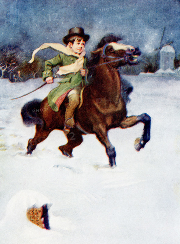 The caption of the 1917 illustration reads: Horatio Nelson and his pony struggled on riding to school. Nelson was born in 1758 in Norfolk, England. At the Battle of Trafalgar in 1805 (part of the Napoleonic Wars), British Admiral Horatio Nelson was aboard the vessel Victory, whose Captain was Thomas Hardy. Nelson struck by a bullet that entered his left shoulder, pierced his lung, and settled at the bottom of his spine. He died soon after. The British won the battle.
