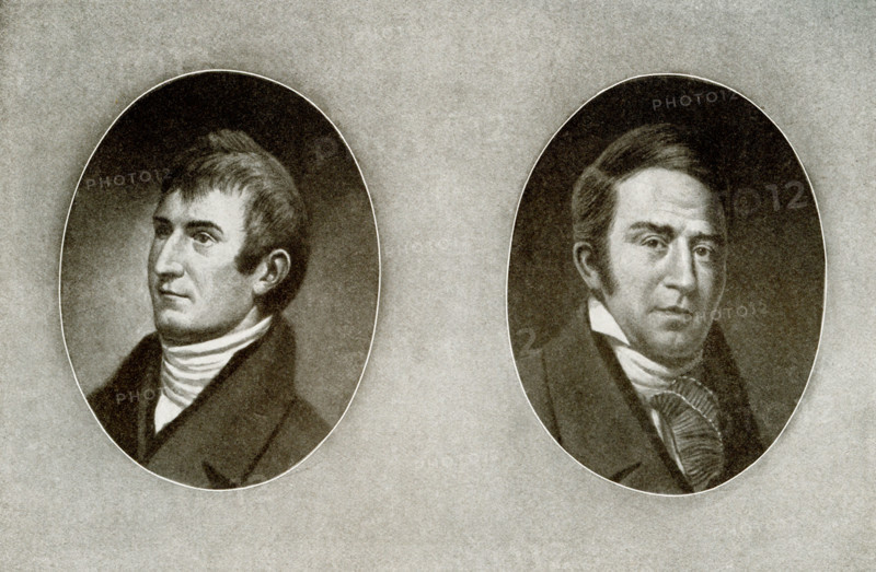Captain Meriwether Lewis (left) (1774 – 1809) was an American explorer, soldier, politician, and public administrator, best known for his role as the leader of the Lewis and Clark Expedition, also known as the Corps of Discovery, with William Clark. William Clark (right) (1770-1838)  was an American explorer, soldier, Indian agent, and territorial governor. A native of Virginia, he grew up in prestatehood Kentucky before later settling in what became the state of Missouri. Clark was a planter and slaveholder.