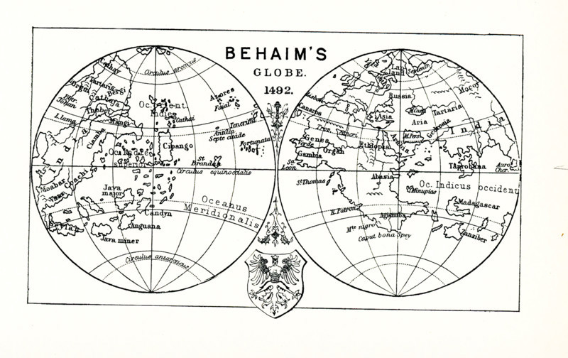 This illustration shows Behaim's globe in 1492. Martin Behaim (1459-1507), also known as Martin von Behaim and by various forms of Martin of Bohemia, was a German textile merchant and cartographer. He served John II of Portugal as an adviser in matters of navigation and participated in a voyage to West Africa. The Erdapfel is a terrestrial globe produced by Martin Behaim from 1490–1492. The Erdapfel is the oldest surviving terrestrial globe. It is constructed of a laminated linen ball in two halves, reinforced with wood and overlaid with a map painted on gores by Georg Glockendon.