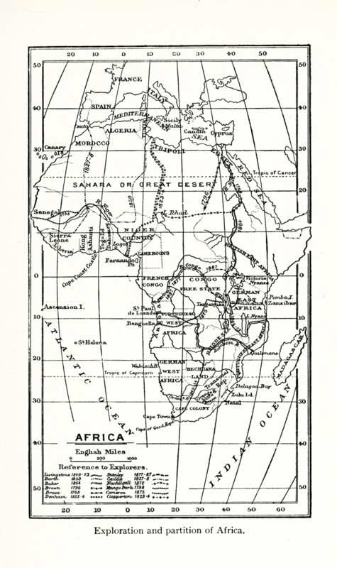 This map shows the exploration and partition of Africa during the late 1700s and the 1800s. The explorers whose routes are included are: Livingstone (1849-73); Barth (1850), Baker (1864); Brown (1796); Bruce (1768); Denham (1823-4); Stanley (1877-87); Callie (1827-8); Nachtigall (1872); Mango Park (1798); Cameron (1875); Clapperton (1823-4).