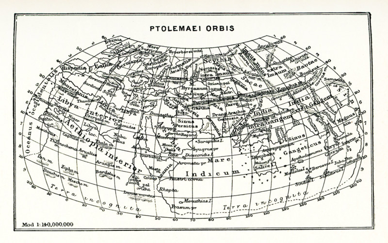 This map shows the world according to Ptolemy. The scale is 1 to 140,000,000. Ptolemy, an Alexandrian astronomer, lived around 150 A.D. His map consisted mainly of lists of places marked on the maps that were circulating at the time and that he made his authorities. He added latitudes and longitudes.