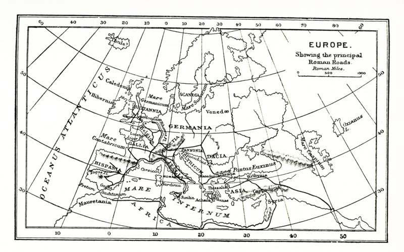 This map of europe shows the principal ancient Roman roads throughout the area. The network of public Roman roads covered around 76,000 miles, and it greatly assisted the free movement of armies, people, and goods across the empire.