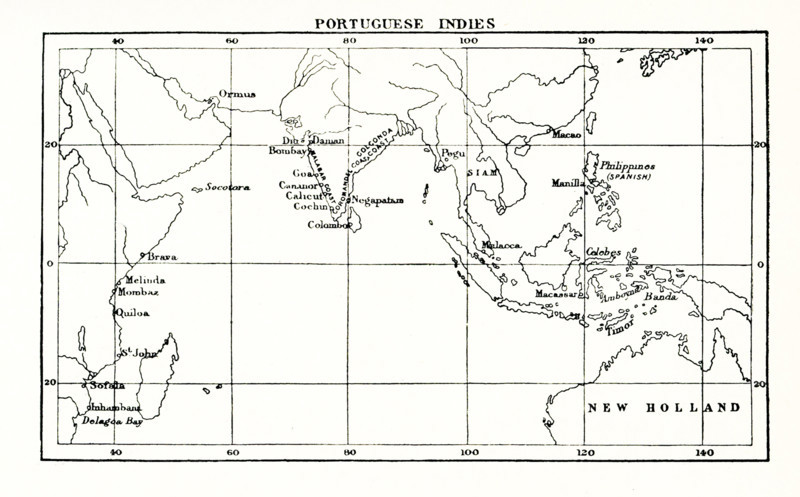 This map shows the Portuguese exploits in the Indies - the waters and lands around India during the Age of Exploration.