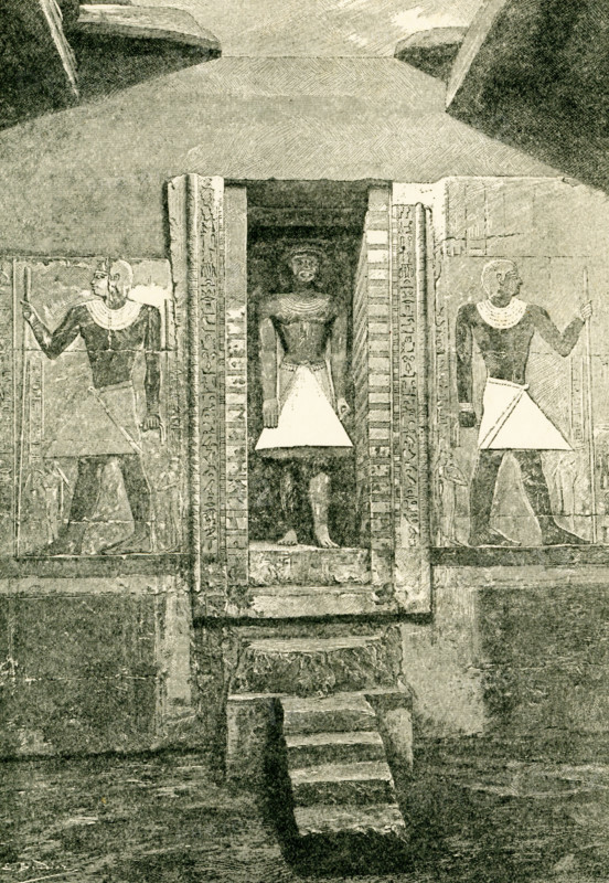Stele in the form of a door, and the statue of the tomb of Mirruka, drawn by Boudier from a photograph of the tomb of Mirruka drawn by M de Morgan.  Mirruka is now more commonly spelled Mereruka.  The mastaba of Mereruka is the largest and most elaborate of all the non-royal tombs in Saqqara with 33 rooms or chambers in total. Mereruka was the vizier to king Teti (C 2323-2191 BC)the first ruler of the 6th dynasty (c 2323-2150 BC) Old Kingdom period of Egypt.