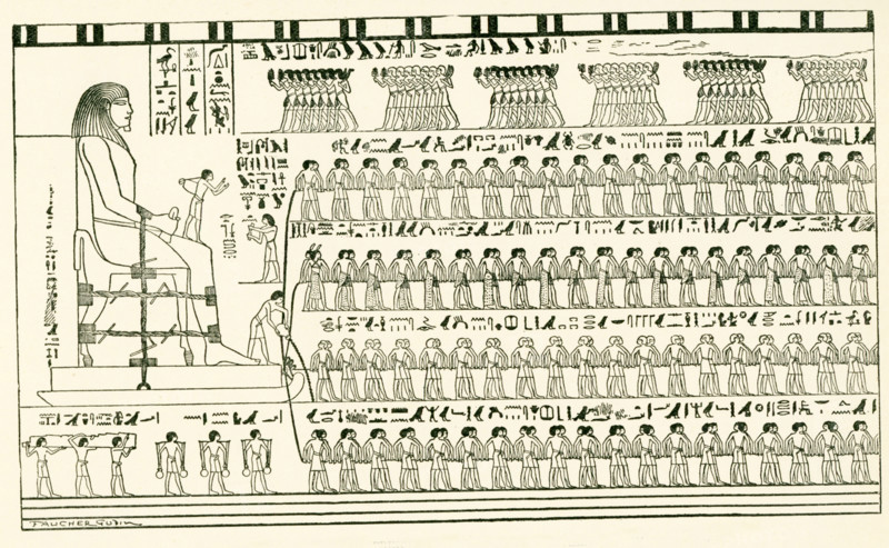 The colossal statue of Prince Thothotpu being dragged by the corvee. Drawing by Faucher-Gaudin, from Wilkinson. A Popular Account of the Manners and Customs of the Ancient Egyptians. Vol II, frontispiece.  From the Egyptian Old Kingdom ( c 2613 BC) onward, (the 4th Dynasty), corvee labor helped in 'government' projects; during the times of the Nile River flood, labor was used for construction projects such as pyramids, temples, quarries, canals, roads, and other works.