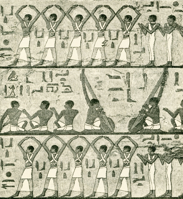Men and women singers, flute-players, harpists, and dancers from the tomb of Ti (also spelled TY). The Mastaba of Ti was discovered by Auguste Mariette in 1865. This grand and detailed private tomb is not only Old Kingdom art at its best but also one of the main sources of knowledge about life in Old Kingdom Egypt. Its owner, Ti, was overseer of the Abu Sir (also spelled Abusir) pyramids and sun temples (among other things) during the 5th dynasty ( c 2465-2323 BC). Ti was a hairdresser to the royalty during the early V Dynasty, as well as controller of the farms and stock that belonged to the royal family. In fact, the superb quality of his tomb is in keeping with his nickname, Ti the Rich. Abusir is the Arab name given to the Greek town of Busiris and the Old Kingdom necropolis in its vicinity. Here you see wall paintings showing men and women singing, playing the flute, and dancing.