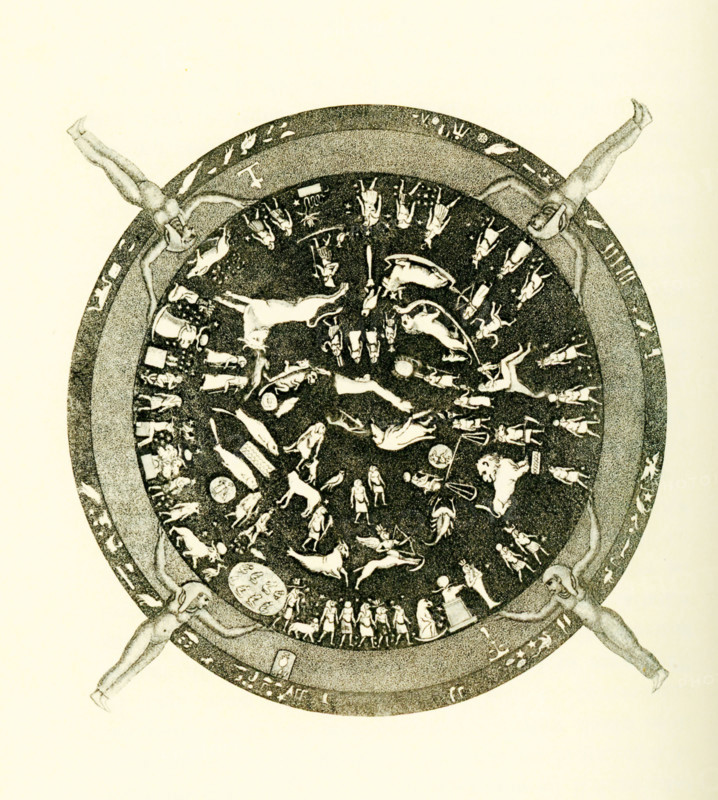 Carved into the ceiling of the portico of a chapel  at the Temple of Dendera  was this bas-relief  showing the signs of the Zodiac. This map of stars shows the 12 constellations of the Zodiac. It is known as the Dendera zodiac (or Denderah zodiac). The chapel was dedicated to the Egyptian god Osiris and the Temple was sacred to the goddess Hathor. Dendera is a small town on the Nile in southern Egypt. The ancient Egyptians worshipped Hathor as the goddess of joy and motherhood. Osiris was the god of the afterlife and the underworld.