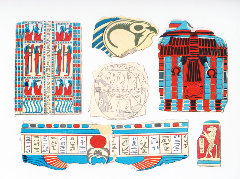 The illustrated fragments seen here are decorated wrappings that were found with a mummy in a tomb at Thebes in Egypt.