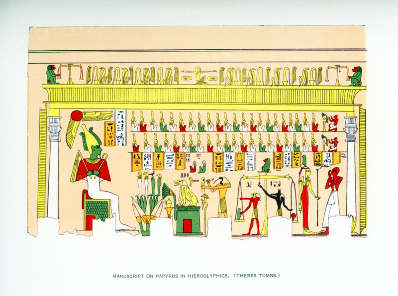 Pictured here is a manuscript drawn on papyrus of hieroglyphs and art found in an ancient Egyptian tomb in Thebes, with its many rock-cut tombs, in southern Egypt. This illustration dates to 1903 and appeared in the book History of Egypt by French Egyptologist Gaston Maspero. It brings together many of the scenes found in the tomb. Among these are  the god of the underworld Osiris (his skin color green, symbolizing rebirth) sitting at left. In front are the four sons of Horus (Horus was Osiris' son). The god of writing Thoth is inscribing on a a rectabgular piece of papyrus. The scales to judge the deceased follow.