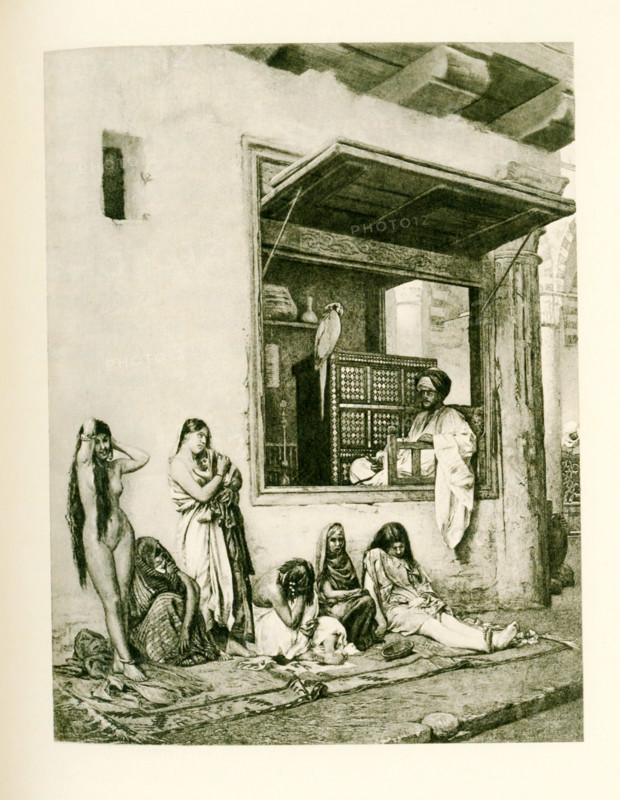 This illustration dates to 1903 and appeared in the book History of Egypt by French Egyptologist Gaston Maspero. It shows an Egyptian slave merchant with the women he has for sale in his market.