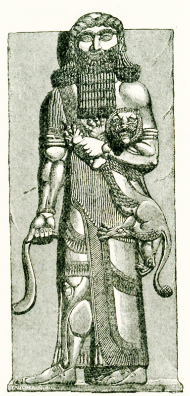 This Assyrian bas-relief from Khorsabad shows the epic hero Gilgamesh strangling a lion. It was drawn by Faucher-Gudin for Gaston Maspero's book on the history of Egypt and resides now in the Louvre Museum. The Mesopotamian epic hero Gilgamesh was king of Erech, a city-state was that was besieged by enemies. If Gilgamesh is or is based on a historical figure, he probably was a king who lived between 2800 and 2500 B.C. In the Babylonian epic titled Gilgamesh, there are references to Gilgamesh encountering a pride of lions and killing them and wearing their skins as clothes. This reference is on the 9th tablet (of the 12 tablets uncovered at Nineveh in the library of the 7th-century B.C. Assyrian king Ashurbanipal). Dur-Sharrukin is present day Khorsabad, and it was the Assyrian capital in the time of Sargon II (722-705 B.C.) of Assyria.
