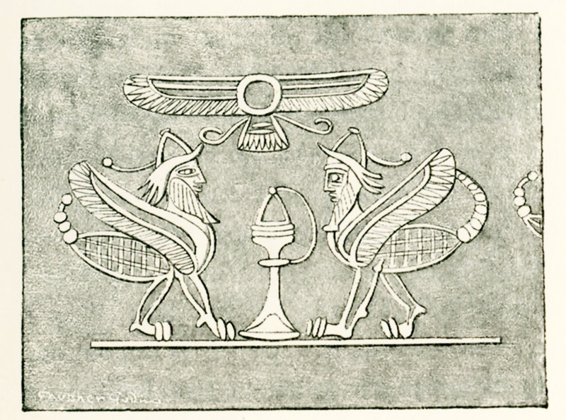 Pictured here are the Scorpion-Men of the mountains of Mashu. The land of Mashu referred, in ancient times, to the land to the west of the Euphrates, coterminous on one part with the northern regions of the Red Sea, on the other with the Persian Gulf. The name appears to be preserved in that of the classic Mesene, and possibly in the land of Massa of the Hebrews. Scorpion men have the head, torso, arms of a human and the body of a scopion. They were also known as aqrabuamelu or girtablilu. Assyrian myth said they were created by Tiamat, the god of chaos. This image was drawn by Faucher-Gudin, from an Assyrian intaglio, and accompanied a book on ancient Egypt by Gaston Maspero.