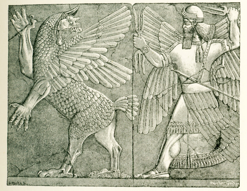 This ancient Assyrian relief shows the god Bel-Merodach (also spelled Marduk), armed with the thunderbolt, doing battle with the tumultuous Tiamat (figure on left). Marduk was all-powerful, a healer, and mediator for humans. Marduk was called upon to save humanity from evil. Tiamat was the symbol of chaos. The struggle between Marduk and Tiamat was a favorite theme for ancient Assyrian artists. It was drawn by Faucher-Gudin to accompany text in a book on ancient Egypt and the Levant by Gaston Maspero. The actual bas-relief is from Nimrud and is preserved in the British Museum.