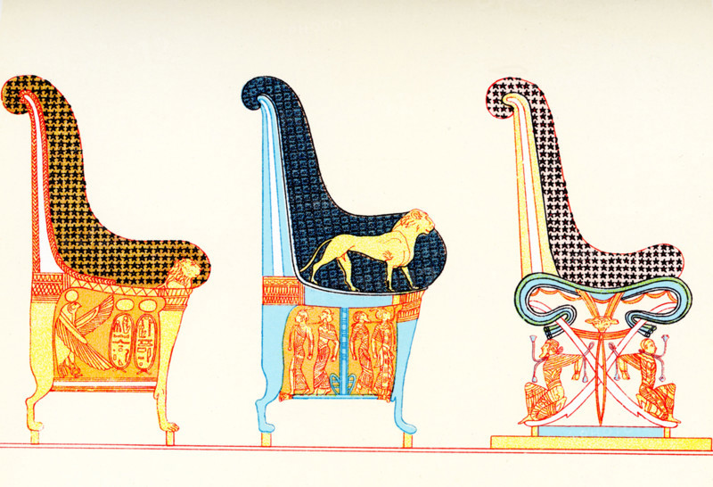 The caption accompanying this 1903 illustration in Gaston Maspero’s book on Egypt reads: “Paintings of chairs in the fifth tomb of the kings to the East Thebes - Byban el Molouk.” Byban (also Biban) el Molouk is a narrow valley of central Egypt near the site of ancient Thebes between Karnak and Luxor. The valley contains the tombs of numerous pharaohs of the XVIII, XIX, and XX Dynasties, including that of Tutankhamun. The  area is known as the valley of the Kings and the Fifth Tomb is KV5, built to house the sons of Ramses II.