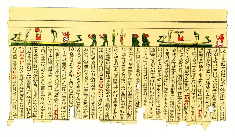 The caption on this 1804 image reads: “Manuscript on papyrus in hieroglyphs.” The two most common pigments seen on papyri are black and red.  The black ink you see most often is used for writing the letters of the hieroglyphs or hieratic text and is almost always a carbon black ink. The red was often used for rubrics such as titles and headings to distinguish them from the rest of the text.