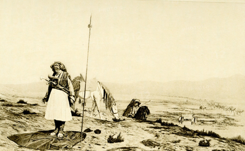 This 1903 illustration shows prayer in the desert and is based on a painting by Gerome. Jean-Léon Gérôme (1824-1904) was a French painter and sculptor in the style now known as academicism. His paintings were so widely reproduced that he was 'arguably the world's most famous living artist by 1880.