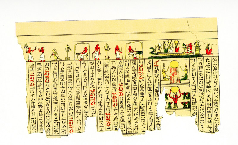 The caption on this 1804 image reads: “Illustrated manuscript on papyrus in hieroglyphs.” The two most common pigments seen on papyri are black and red.  The black ink you see most often is used for writing the letters of the hieroglyphs or hieratic text and is almost always a carbon black ink. The red was often used for rubrics such as titles and headings to distinguish them from the rest of the text.