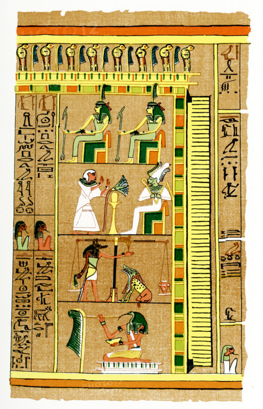 Weighing of the Heart from Papyrus of Ani. For the ancient Egyptians, the Book of the Dead tells of the path the dead must go to the underworld. This image is a part of the book that belonged to the scribe Ani. The Papyrus Ani, as the papyrus is called today, dates to about 1275-1250  B.C., the time of the 19th Dynasty  during the New Kingdom.  At top are two goddesses of law. The frame below shows the scribe Ani, who appears here, dressed in white, before the god Osiris, whose skin is green, the symbol of regeneration and rebirth. Osiris holds the royal scepter and flail. Below, the jackal-headed god of the dead, Anubis, is weighing the heart of the deceased, that is - Ani's, against the feather of truth to decide Ani's fate. The monster is known as Devourer. It will eat the soul of Ani if he is judged to be bad. Below, the ibis-headed figure is the god of writing, Thoth, who is recording the official judgement made on Ani.