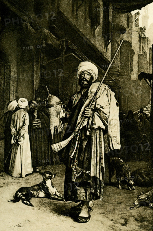 Arab Street vendor of Curios in Cairo - after a painting by Gerome. Jean-Léon Gérôme (1824 – 1904) was a French painter and sculptor in the style now known as academicism.
