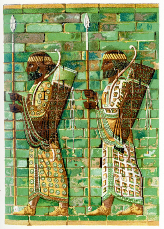 This 1903 illustration shows a frieze of archers at Susa. Shown here is part of the relief frieze in colored glazed tile from the Audience Hall (known as the apadana) of the royal palace at Susa (in present-day Iran). The figures represent members of the powerful royal bodyguard of a Persian king around 400 B.C. , the time of Darius I, who invaded Greece and started what is known today as the Persian Wars (the Greeks being the victors). Darius I built the palace. This relief is now housed in the Louvre in Paris, France.