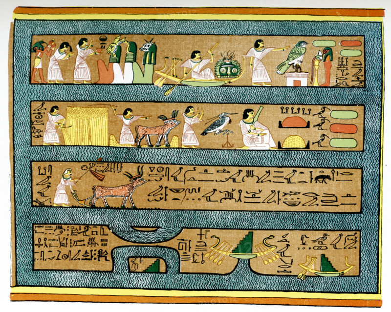 Occupations of Ani in Elysian Fields. This scene is taken from the Papyrus of Ani, a copy of the Egyptian Book of the Dead that dates to the 19th Dynasty. It shows Ani worshiping. The god Thoth introduces Ani into the presence of three gods. Ani worships the sun god Re before two altars and carries lotus flowers. It also shows him plowing and reaping in the Fields of the Dead, through which water flows.
