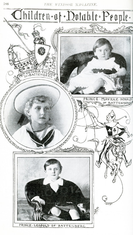 The children pictured here are: Prince Maurice Donald of Battenberg (1891-1914) was the youngest grandchild of Queen Victoria, Princess Victoria Eugenie of Battenberg (1887-1969) was the granddaughter of Queen Victoria and became Queen of Spain as wife of Alfonso XIII, Prince Leopold of Battenberg (1882-1922) was a grandon of Queen Victoria. The Battenbergs were a princely Hessian family and the extended British Family. During the World War I, the family relinquished their German titles and changed their name to Mountbatten.