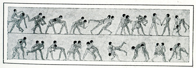 This wall painting showing wrestlers was found at Beni Hasan,  and is based on the drawing done by Champollion. Beni Hasan is an ancient Egyptian cemetery located in Middle Egypt. It was used primarily during the Middle Kingdom (the 21st to 17th centuries B.C.). The people are thought to be perhaps Hyksos, a Semitic people from Asia, who later ruled for a time in the Delta region and had their capital at Memphis. Jean-François Champollion, also known as Champollion le Jeune, was a French scholar, philologist and orientalist, known primarily as the decipherer of Egyptian hieroglyphs and a founding figure in the field of Egyptology.
