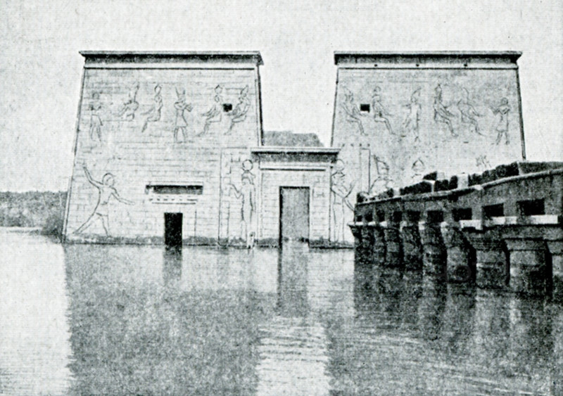 This photo shows the south front of temple of Isis at Philae during the inundation period, the time of year when the Nile annually overflowed it banks - before the building of the Aswan Dam. Construction on the temple began around 280 B.C. The photo was taken by the Italian archaoelogist Guiseppe Fiorelli in the 1800s.