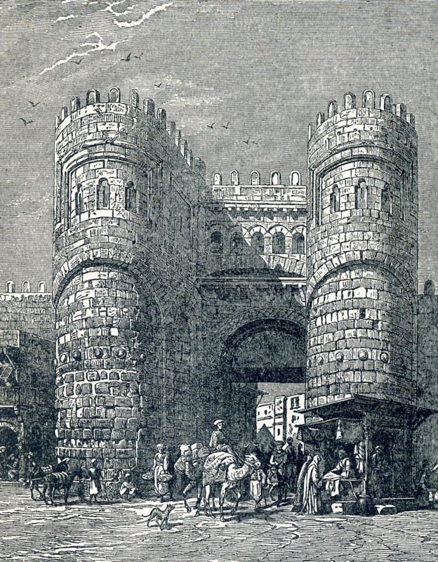 This illustration of the Gate of El Futuh, also known as Bab al-Futuh or Conquest Gate)  in Cairo, Egypt, dates to around 1900. This gate still stands in Cairo and was part of the Old City of Cairo. It was completed in 1087  and faces north. Its rounded towers offered more defense and had shafts for defenders to pour boiling water or oil on attackers.