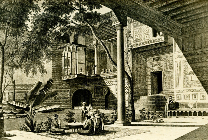 The caption accompanying this 1903 illustration in Gaston Maspero’s book on  History of Egypt reads: “Courtyard of House of Quasim Bey.” The term “bey” refers to the governor of a district or province in the Ottoman Empire.