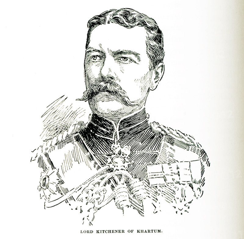 The caption accompanying this 1903 illustration in Gaston Maspero’s book on  History of Egypt reads: “Lord Kitchner of Khartum.” Field Marshal Horatio Herbert Kitchener (1850-1916) was famous for colonial victories in the Sudan and South Africa. As Commander in Chief of the Egyptian army, he rescued Khartoum from the dervishes of Sudan in 1898 after a two year battle. Kitchener won fame in 1898 for winning the Battle of Omdurman and securing control of the Sudan, after which he was given the title 'Lord Kitchener of Khartoum.” Later, he helped build Britain's first mass army and became the face of the First World War when he appeared on the 'Your Country Needs You' poster.
