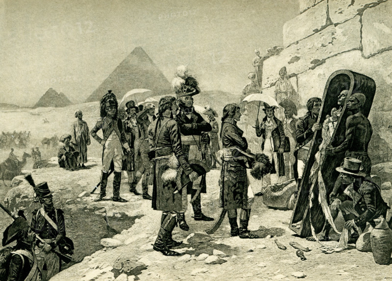 The caption accompanying this 1903 illustration in Gaston Maspero’s book on  History of Egypt reads: “Bonaparte in Egypt after painting by M Orange.”  When Napoleon was n Egypt, he toured the ancient sites, including the Sphinx, and had his savants note all pertinent facts. Here he and his men are shown looking at an uncovered mummy. Maurice Orange, who was born in 1867 and died in 1916, was a French painter and artist.