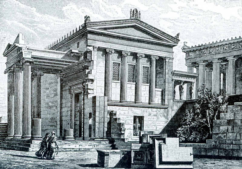 This image shows the Ereichtheion (Erechtheion and Erechtheum) on the Acropolis at Athens. The drawning is based on that by the German-Austrian architrect and archaeologist George Niemann. The areas labled are; North Lobby,  Caryatid Porch, and the Parthenon.