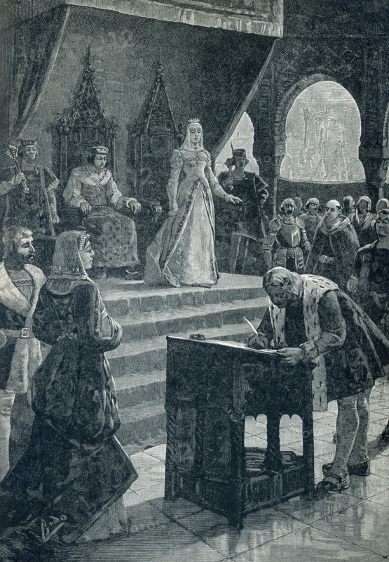 Christopher Columbus sought economic support for an expedition west across the Atlantic Ocean to the rich lands of the East. After the courts of Italy and Portugal refused to fund an expedition, he met with success at the Spanish court of Ferdinand and Isabella. In this nineteenth-century illustration, Columbus is shown signing legal documents that stated the command given him by King Ferdinand and Queen Isabella and that he would be well rewarded if he found a new route to the riches believed to be to the west of Europe.