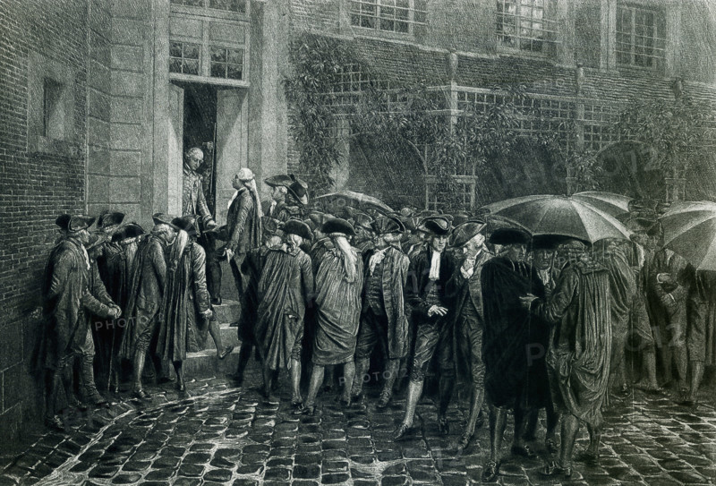 June 19, 1789, is considered the beginning of the French Revolution. At that time, the members of the Third Estate, locked out of their room, adjorned to the tennis courts (seen here) at the Palace of Versailles outside of Paris, France. There, they took an oath not to disband until a constitution had been drawn up for France. The illsutration is by the 19th-century French historical painter Etienne-Lucien Melingue.