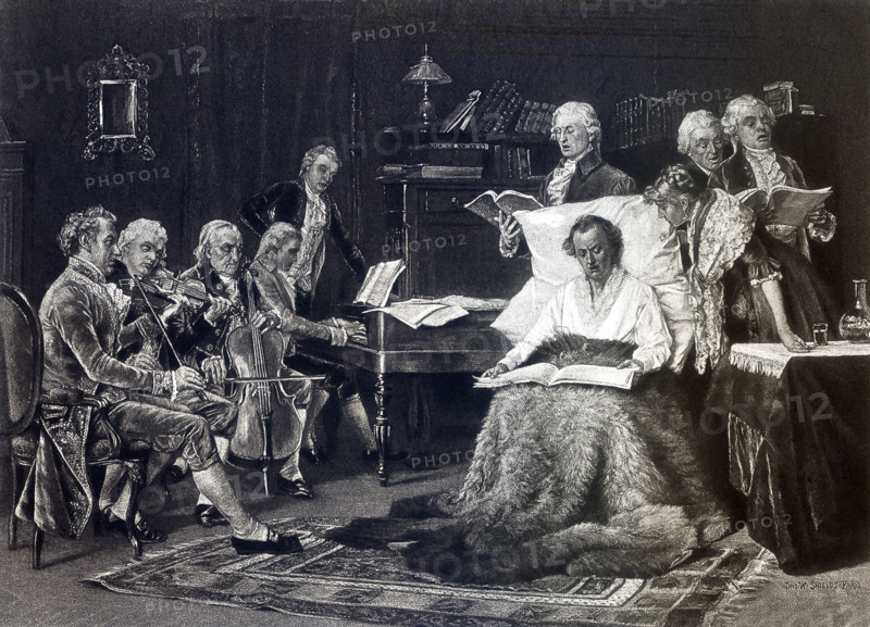 This illustration of the Austrian composer and pianist Wolfgang Amadeus Mozart singing his requiem was done by American artist Thomas W. Shields in 1885. It shows an ill Mozart, sitting on a cushion and covered with fur singing with a string trio and piano at left. Behind Mozart are three other men, a woman bending down toward Mozart, and a decanter and glass on the table. The requiem was composed in 1791 and left unfinished at the time of Mozart's death in 1792.