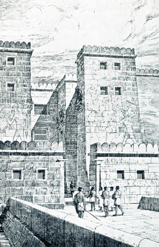 This early 1900s illustration of the main gate at Medina Habu is credited to German archaeologist Uvo Holscher. Medinet Habu is the mortuary temple of the Egyptian 20th Dynasty pharaoh Ramesses III (c. 1150 B.C.) on the West Bank of ancient Thebes (present-day Luxor). Pictured here is the First Pylon. A pylon is a Greek term and refers to a monumental door or gate built in front of an Egyptian temple. It consisted of two towers with an entrance between them. This pylon is 63 meters long and has four niches for flagstaffs. The reliefs and inscriptions tell of Ramesses military victories over the Asians and Libyans. The relief figures on the tower at right show Ramses smiting an enemy. Ramesses is also spelled Ramses and Rameses.
