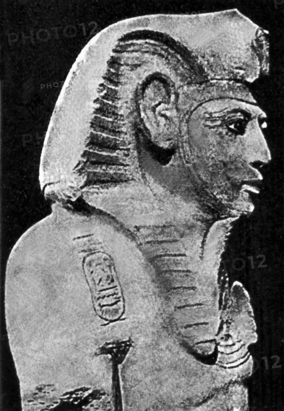 This carved sculpture of Amenhotep III is from Thebes. Amenhotep III was the ninth pharaoh of the 18th Dynasty (New Kingdom). His rule marked the high point of Egyptian civilization. He ruled Egypt from about 1390–1352 B.C. A great builder, Amenhotep controlled an empire that stretched from Syria to Nubia to the western shore of the Red Sea. His successor was his son, Amenhotep IV, the king who changed his name to Akhenaten and called for the worship of the Aten, the light in the sun disk.