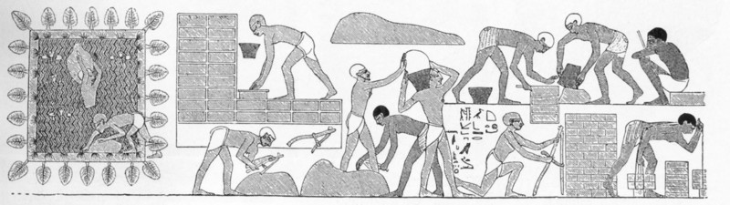 This illustration replicates a relief in the Tomb of Rekhmire and shows Egyptian workers building a wall of mud bricks at the temple of Amun in Thebes. Rekhmire (also Rakmire) Rekhmire (Rakhmiri) was a noble and official who lived at Thebes during the 18th Dynasty. The tomb is located at Sheikh Abd el-Qurna on the West Bank at ancient Thebes (present-day Luxor). The drawing is credited to Karl Richard Lepsius, a 19th century Egyptologist - considered one of the pioneers in the field of archaeology.