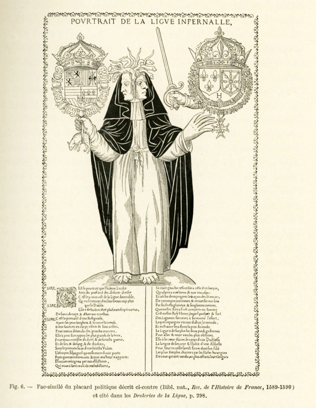 This 1500s engraving illustrates the 'Portrait of the Infernal League.' The League referred to is the Catholic League,  also known as the Holy League. The League was formed by he French Henry I, Duke of Guise, in 1576. It was the time of the Protestant Reformation, the Wars of Religions, and Henry I's intent was to eliminate Protestantism in France. This political caricature was drawn up by those opposed to the League.