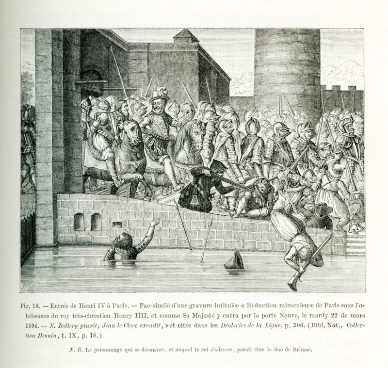 This engraving shows the entry of Henry IV in Paris with more than 1,000 armed cavalry, known as cuirassiers. The caption for the illustration is: Miraculous defeat of Paris under the order of the Christian king Henry IV, and how his Majesty entered by the New Gate on Tuesday March 22, 1594. Henry IV had renounced Protestantism and chosen to be Catholic.