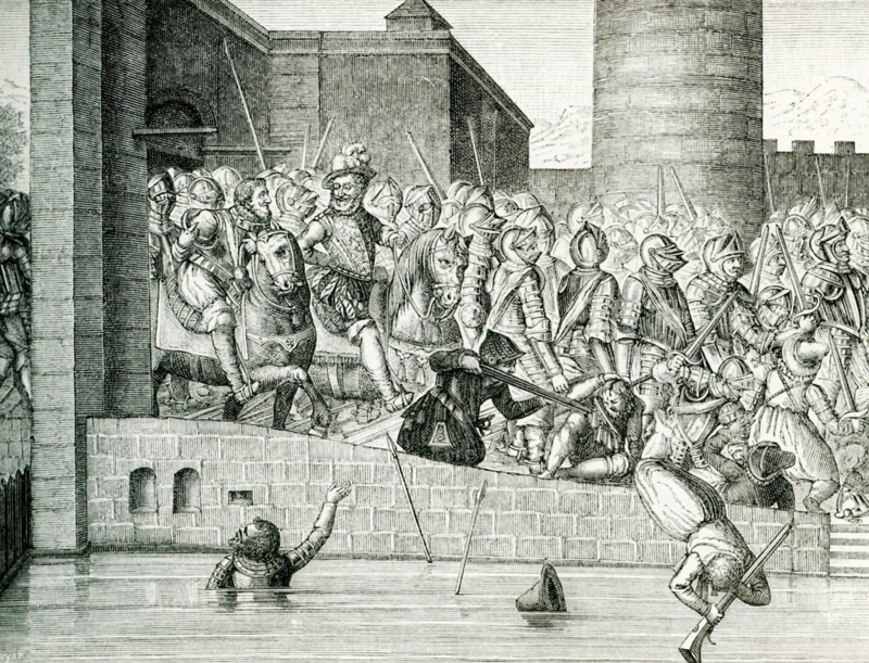 This engraving shows the entry of Henry IV in Paris with more than 1,000 armed cavalry, known as cuirassiers. The caption for the illustration is: Miraculous defeat of Paris under the order of the Christian king Henry IV, and how his Majesty entered by the New Gate on Tuesday March 22, 1594. Henry IV had renounced Protestantism and chosen to be Catholic.