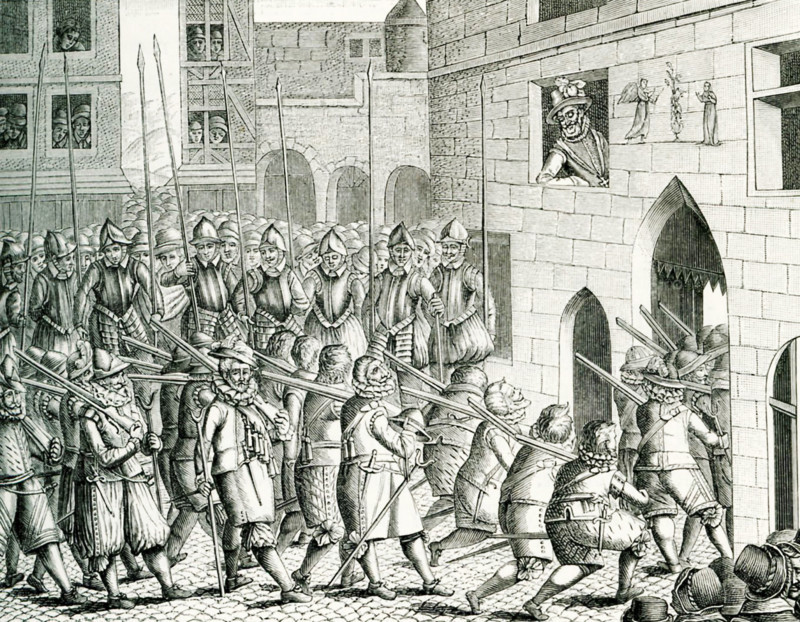 This illustration is taken from the Record of the History of France 1591-1594, and it shows the Spanish contingent leaving Paris followingt he entry into Paris of Henry IV on March 22, 1594. Henry IV had opted to renounce Protestantism and choose Catholicism. Henry IV is seen watching the exit of the troops from a window opening in the gate. The Spanish leave through the Paris gate known as Gate of Saint Denis. The king of Spain, Philip II, had sent the garrison to Paris to help the Catholics in the Wars of Religion.