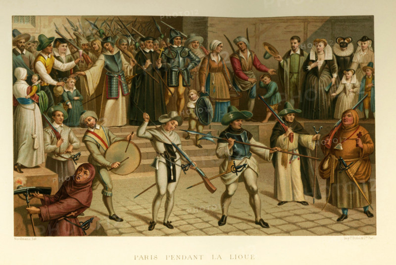 This illustration shows the city of Paris in 1590, during the time of the French Wars of Religion, the time of the Protestant Reformation.  The Catholic League, also known as the Holy League, played a key role. The League wanted to eliminate Protestants and also Henry III. Pope Sixtus V, Philip II of Spain, and the Jsuits all supported the League. Shown in this illustration, dating to the 1880s, are various peoples in Paris at the time. The Leage was founded by Henry I, Duke of Guise. A religious fanatic killed the Protestant Henry III in 1589. His successor, Henry of Navarre, converted to Catholicism.