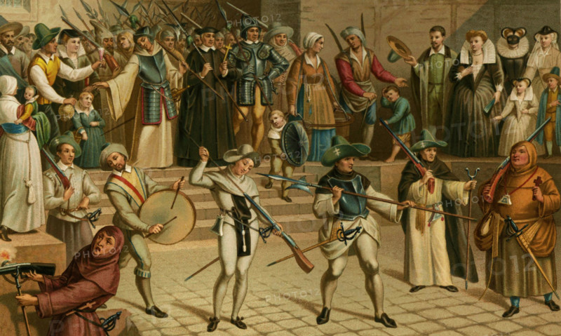 This illustration shows the city of Paris in 1590, during the time of the French Wars of Religion, the time of the Protestant Reformation.  The Catholic League, also known as the Holy League, played a key role. The League wanted to eliminate Protestants and also Henry III. Pope Sixtus V, Philip II of Spain, and the Jsuits all supported the League. Shown in this illustration, dating to the 1880s, are various peoples in Paris at the time. The Leage was founded by Henry I, Duke of Guise. A religious fanatic killed the Protestant Henry III in 1589. His successor, Henry of Navarre, converted to Catholicism.
