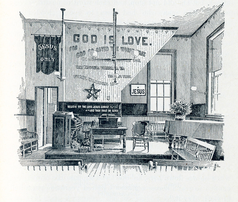 This late 19the-century illustration shows the room with a platform that faces the audience in the Water Street Mission. In 1872 businessman Frederick Hatch bought the property in Lower Manhattan that became the Water Street Mission. He had met Jerry McAuley and put him in charge of this new venture - America's first Rescue Mission.
